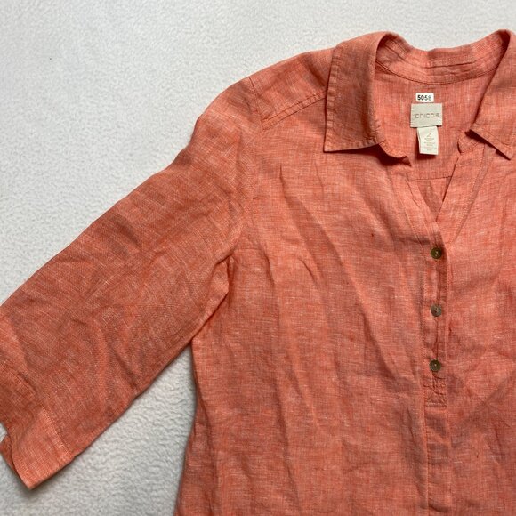 Chicos Linen Shirt Womens 2 Orange 3/4 Sleeve Button Up - Picture 7 of 12